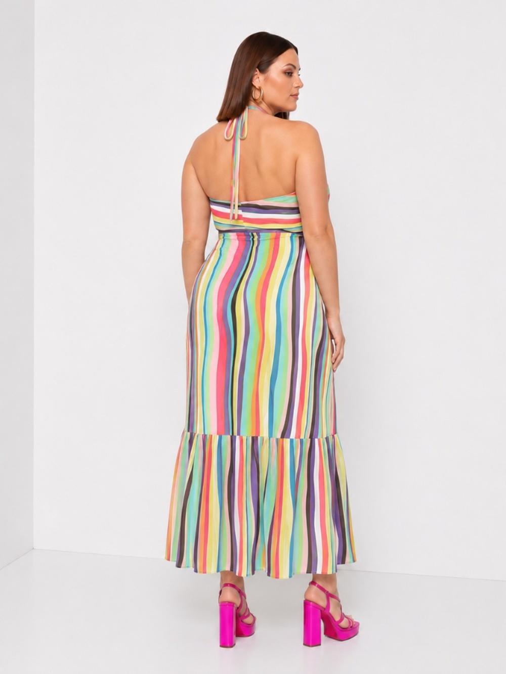 ELOQUII Liquid Rainbow Stripe Halter Cutout Mesh Maxi Dress 16 - Picture 2 of 10